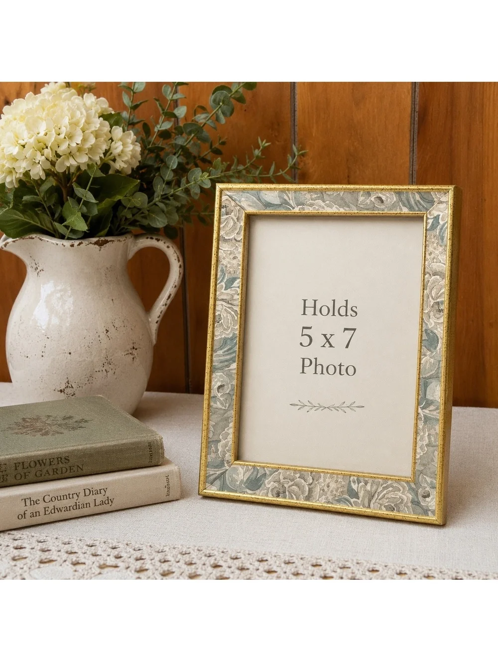 Vintage Gold Floral 5x7 Picture Frame Blue Gray Roses Cottage Chic Decor